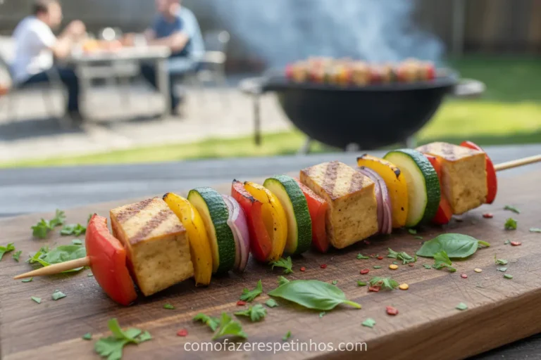 Espetinho de tofu vegano grelhado com vegetais coloridos