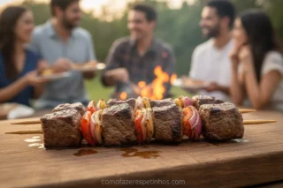 Espetinho de carne bovina suculento e bem grelhado em tábua de madeira.
