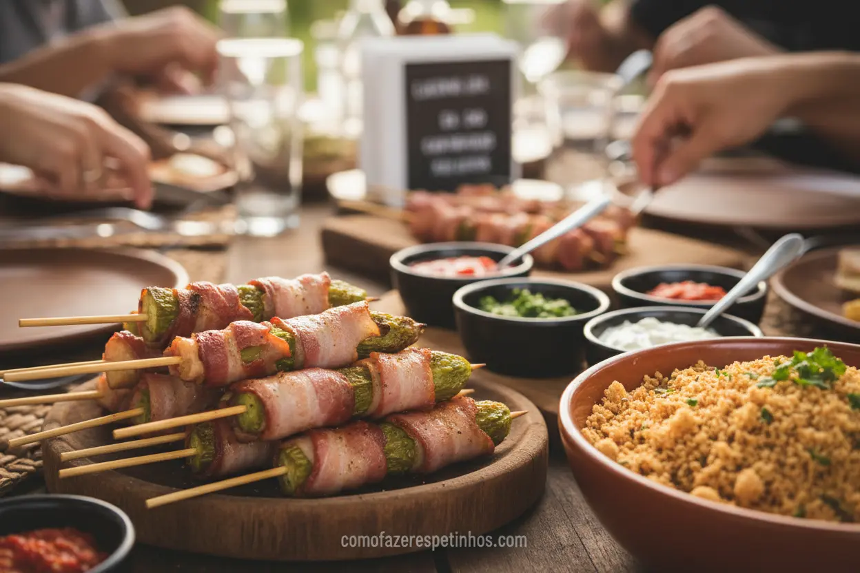 Mesa de churrasco com espetinhos de jiló e bacon