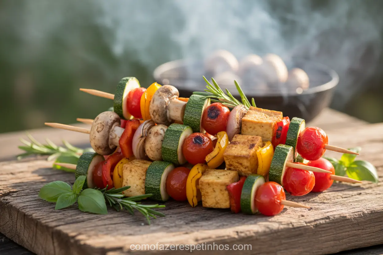 Espetinhos vegetarianos variados em tábua de madeira
