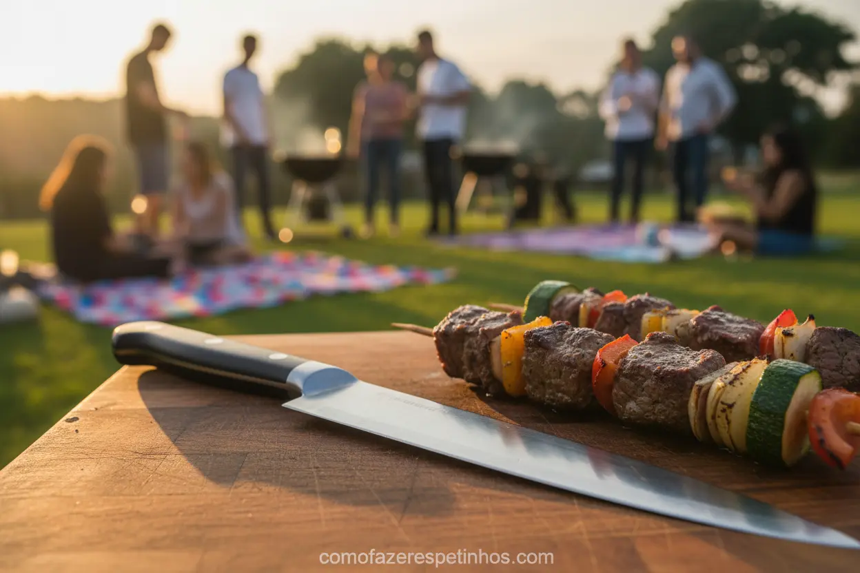 Faca de churrasco afiada sobre tábua de madeira com espetinho