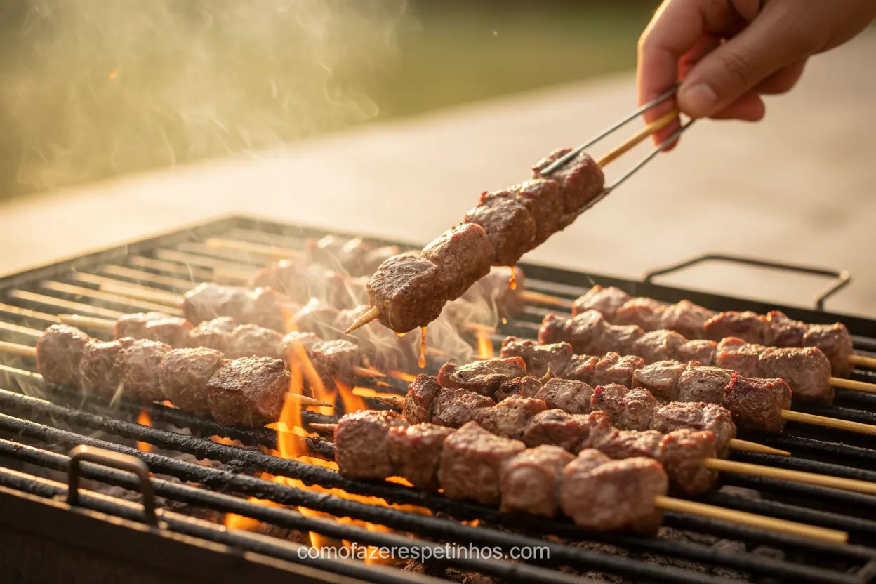 Como fazer espetinho suculento na churrasqueira, grelhando no ponto certo.