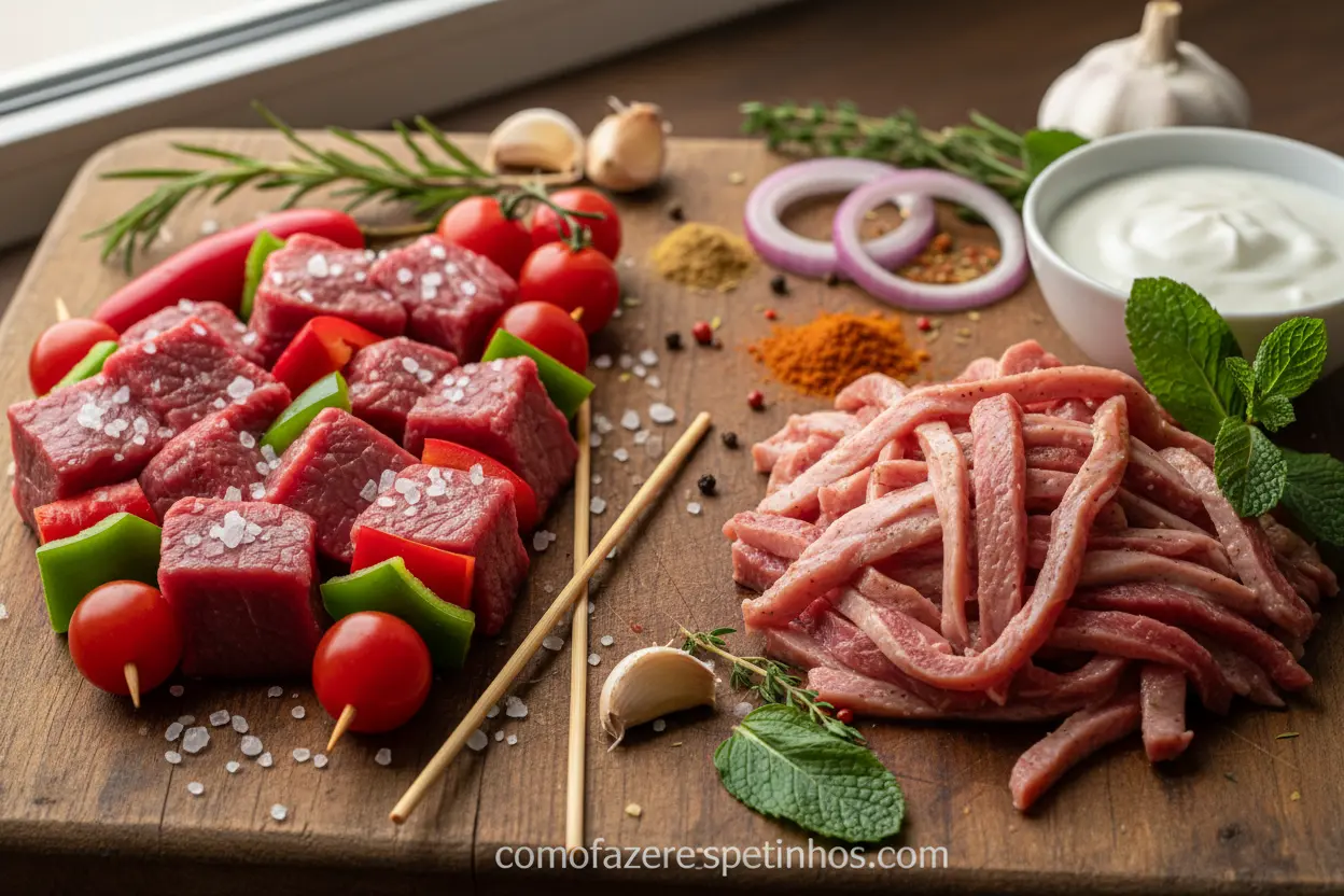 Ingredientes separados para espetinho e Kebab, com temperos.