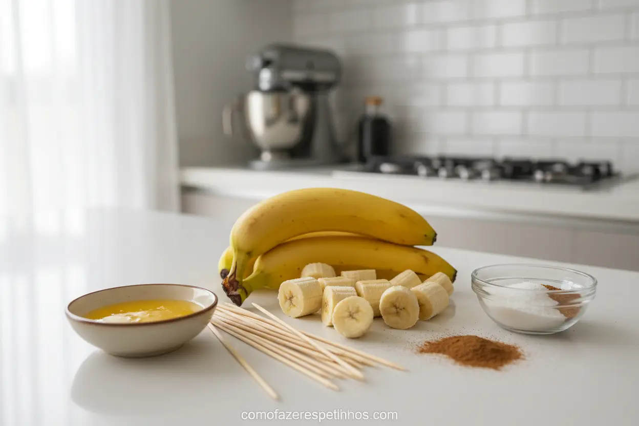 Ingredientes do Espetinho de Banana Preparação de espetinho de banana