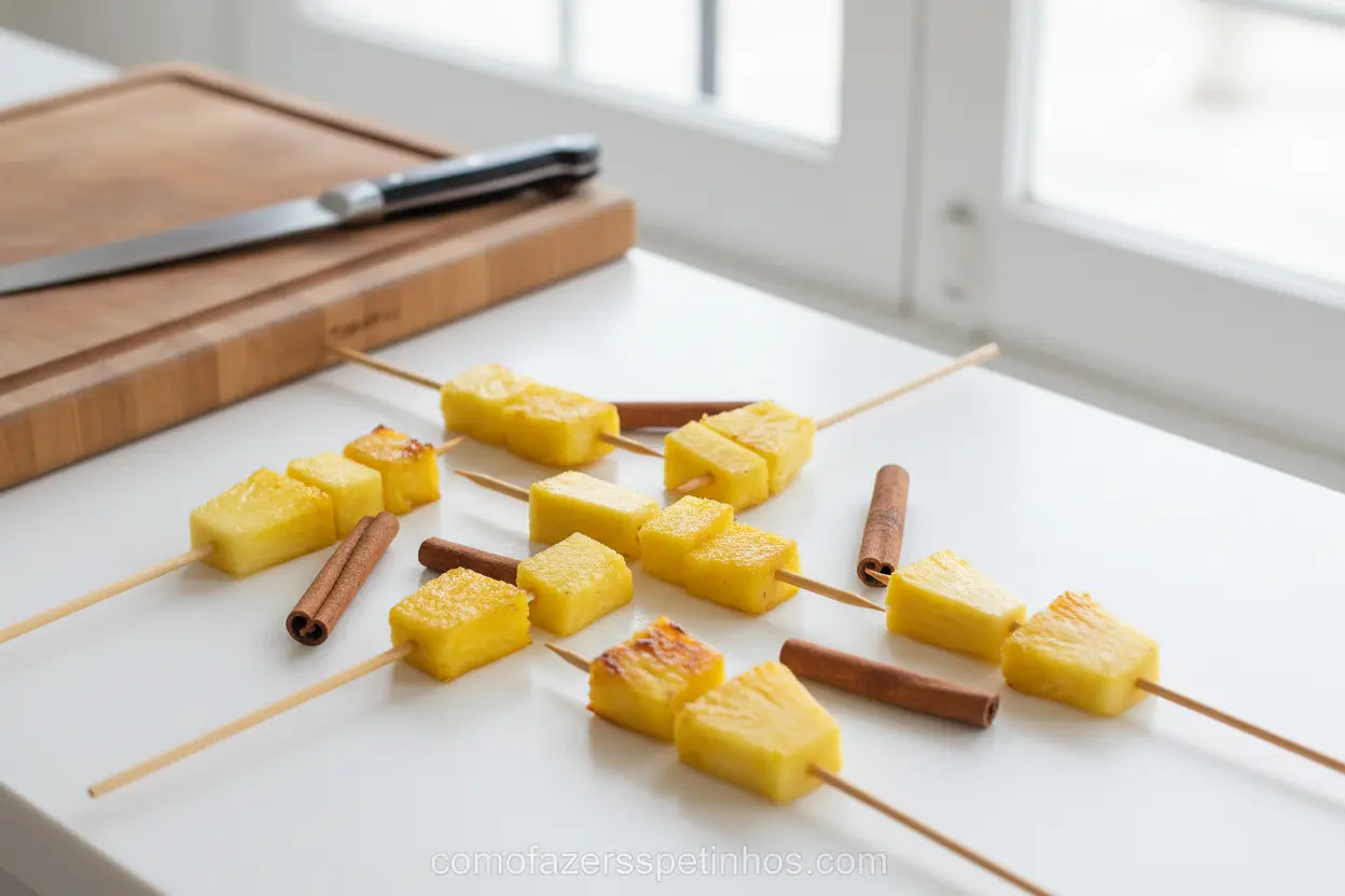 Ingredientes para Espetinho de Abacaxi Abacaxi fresco, canela e espetos de madeira sobre uma bancada