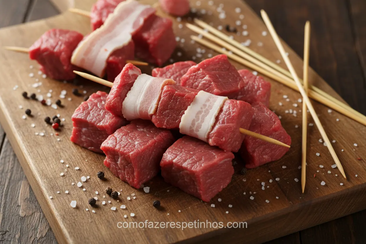 Ingredientes frescos para espetinho de carne e bacon
