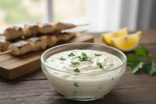 Molho tártaro cremoso em tigela com espetinhos de peixe