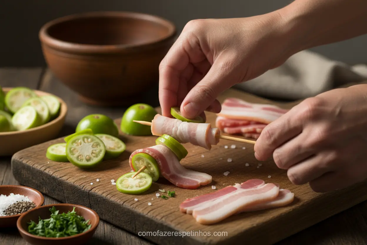 Preparação do espetinho de jiló e bacon