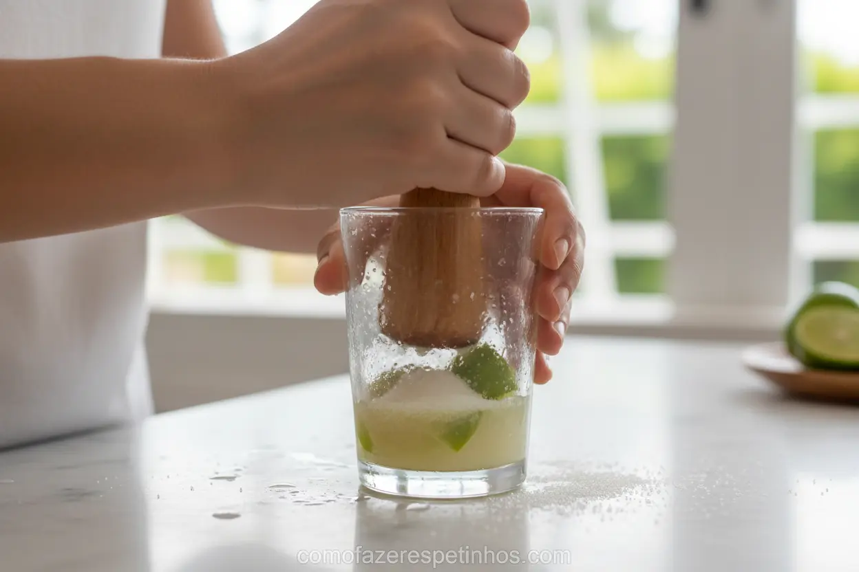 Preparando a Caipirinha Ideal Mãos macerando limão para caipirinha