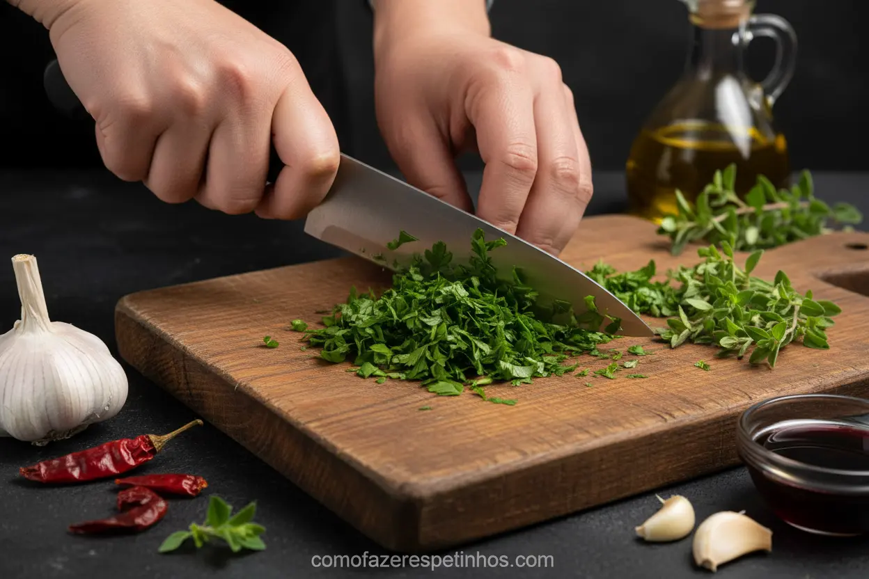 Mãos preparando molho chimichurri