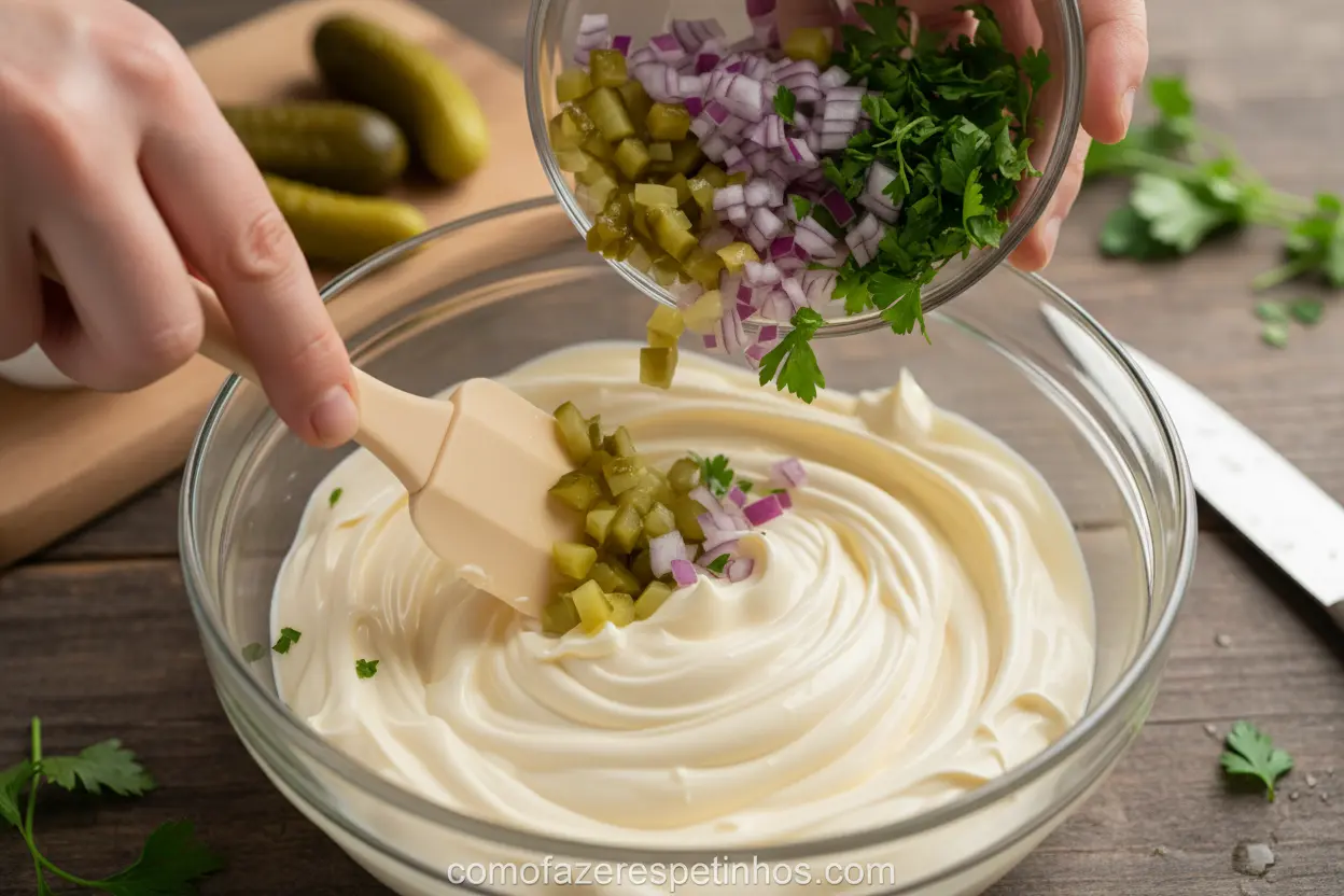 Preparando o Molho Tártaro Caseiro Preparo do molho tártaro caseiro, com ingredientes frescos