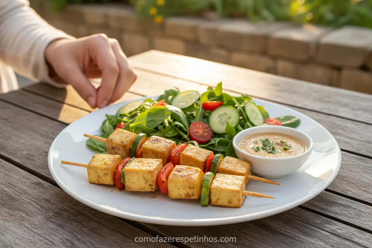 Receita de espetinho de tofu servido com salada e molho