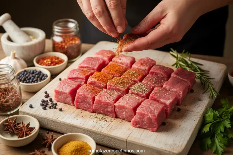 Temperando carne para espetinhos depois de descongelar