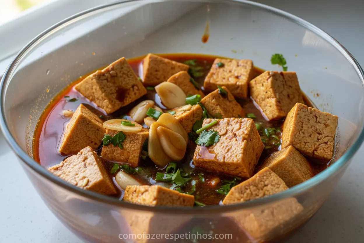 Tofu em cubos marinando em molho shoyu e temperos