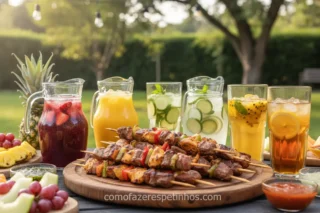Mesa de churrasco com bebidas não alcoólicas variadas