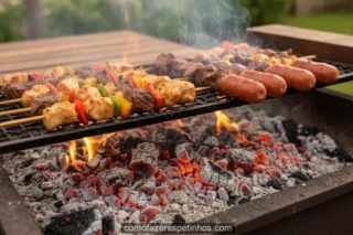 Carvão em brasa e espetinhos