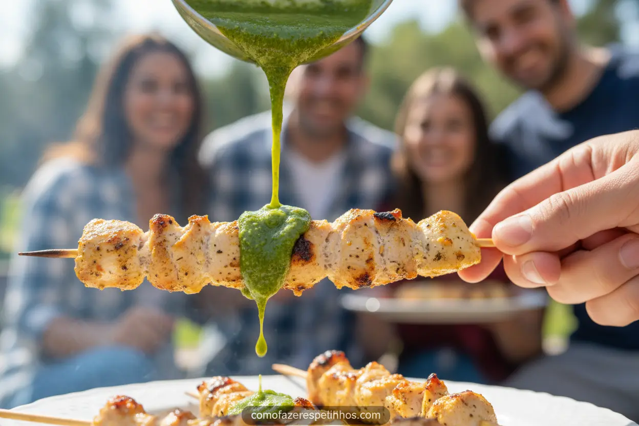 Molho pesto para espetinhos aplicado em frango