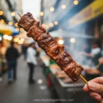 Mão segurando espetinho de carne grelhado