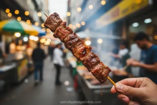 Mão segurando espetinho de carne grelhado