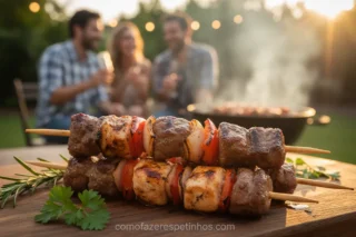 Espetinhos de carne na grelha com espetos de madeira intactos
