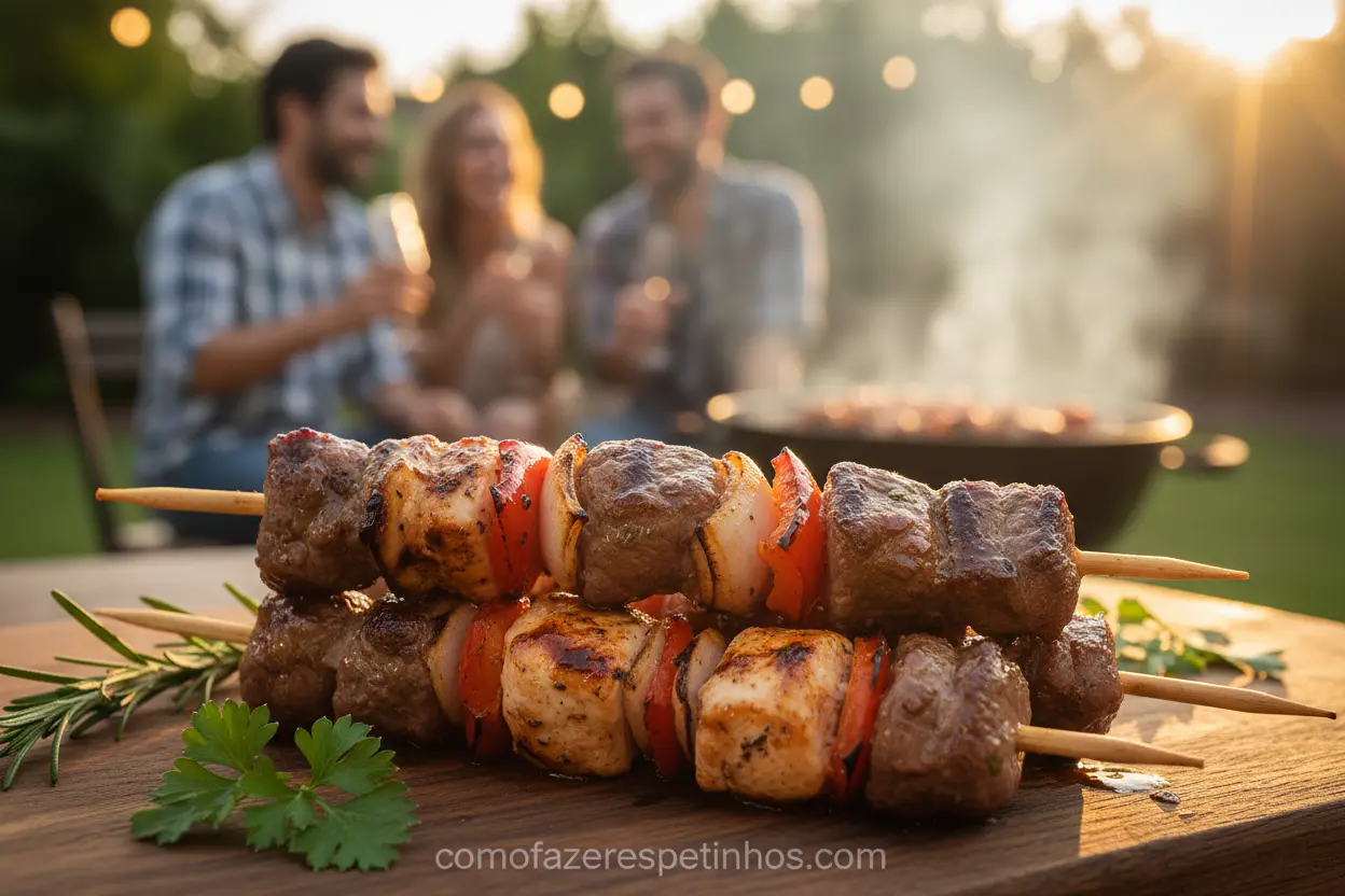 Espetinhos de carne na grelha com espetos de madeira intactos