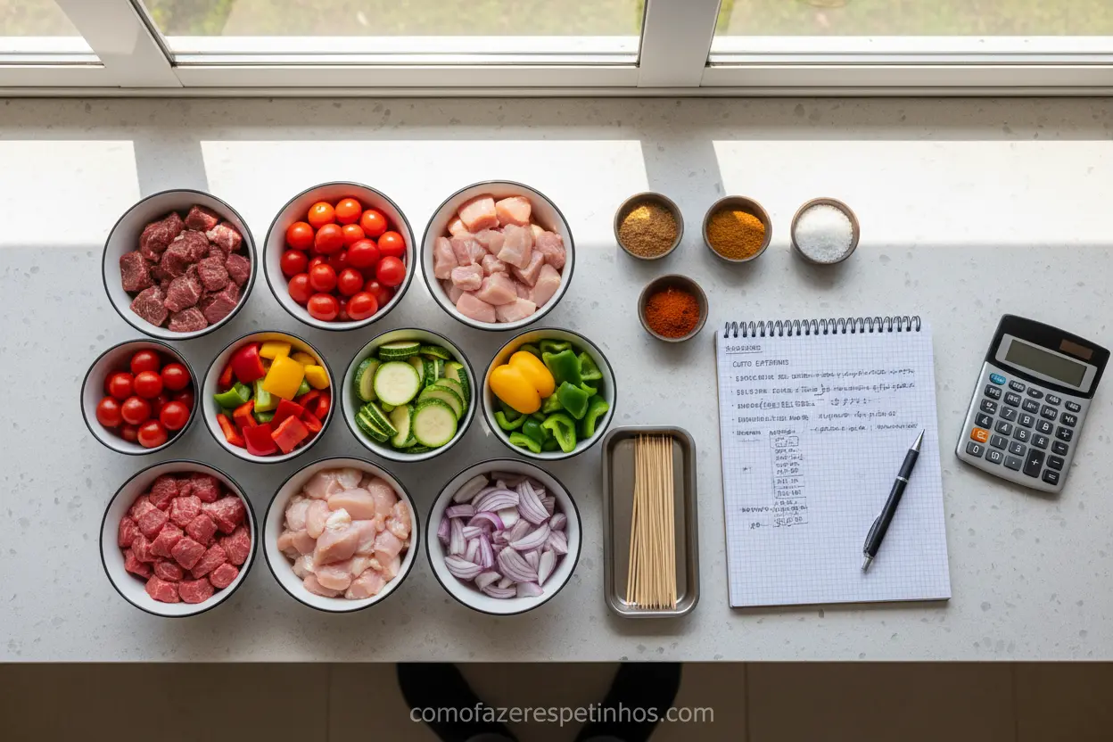 Mesa de cozinha com ingredientes e calculadora para custo