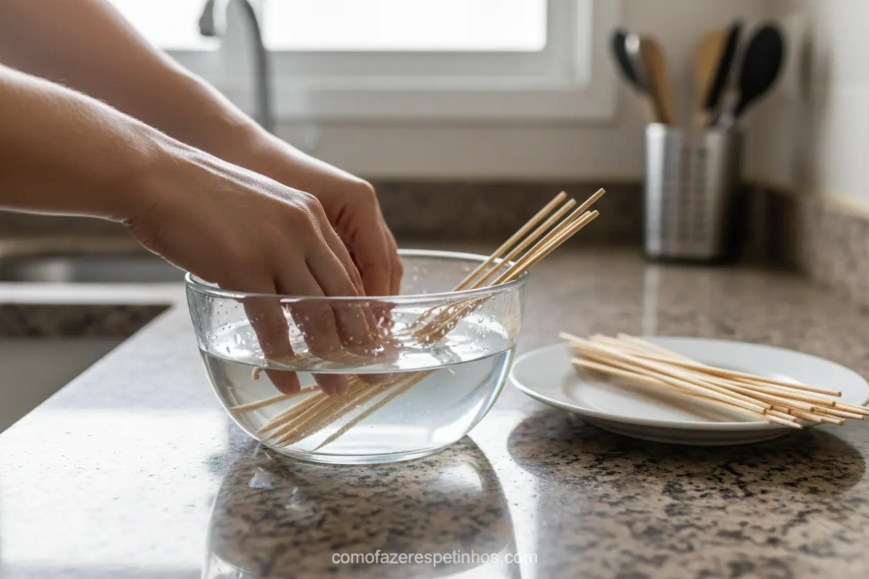 Pessoa molhando espetos de madeira em água