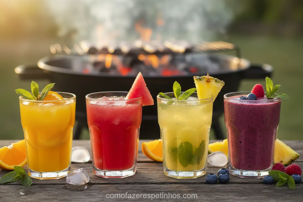 Copos de sucos naturais e smoothie em churrasco