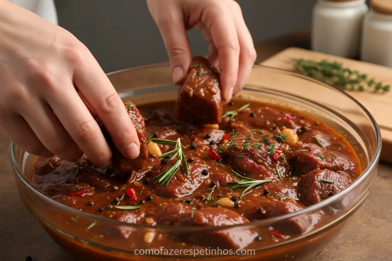 Carne marinando em molho para espetinhos