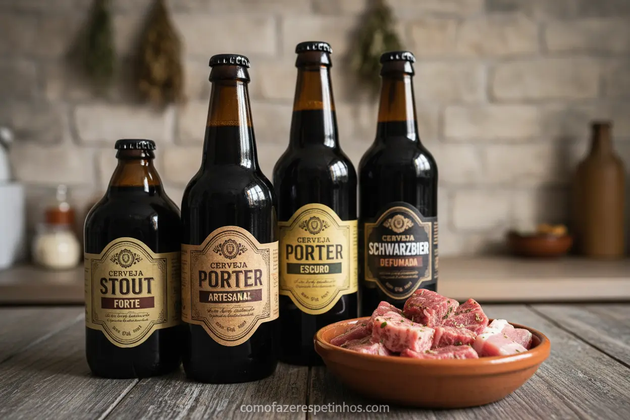 Seleção de cervejas pretas para marinadas de carne.