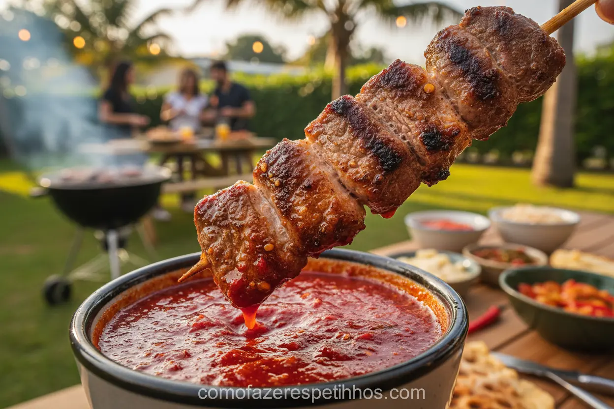 Espetinho de carne com molho de pimenta caseiro.