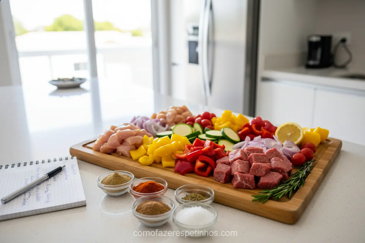 Custo Real do Espetinho - Ingredientes Ingredientes crus para espetinho com caderno de anotações