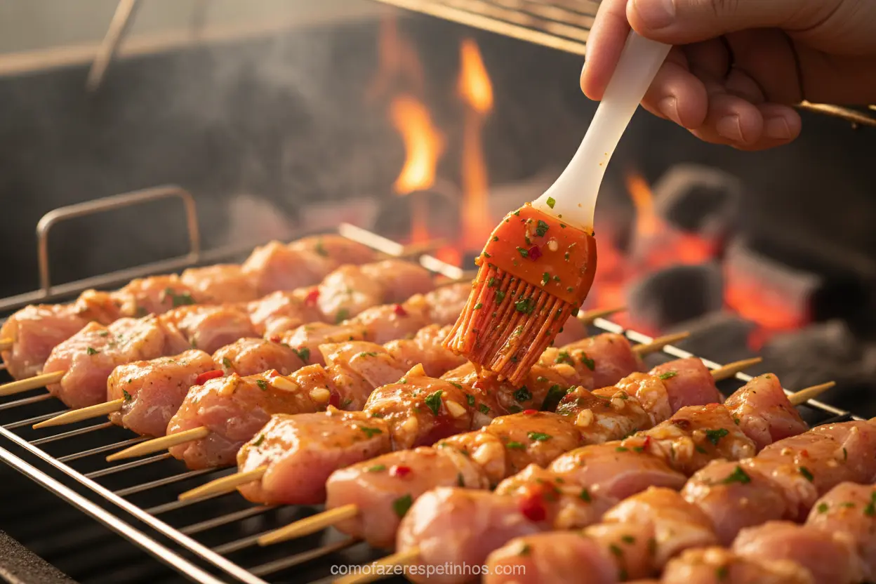 Temperos para espetinhos variados sendo aplicados