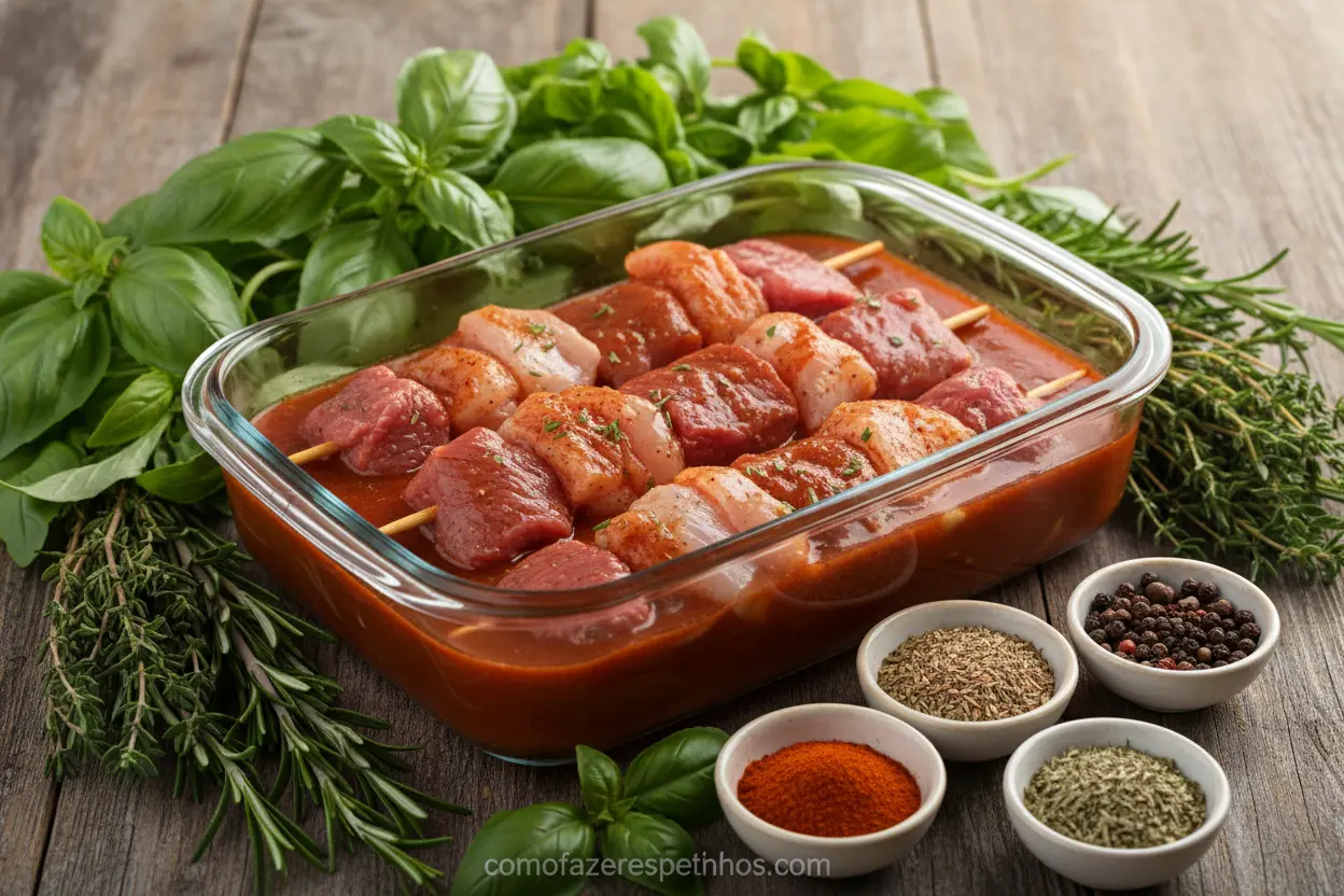 Ervas frescas e especiarias secas para temperar espetinhos