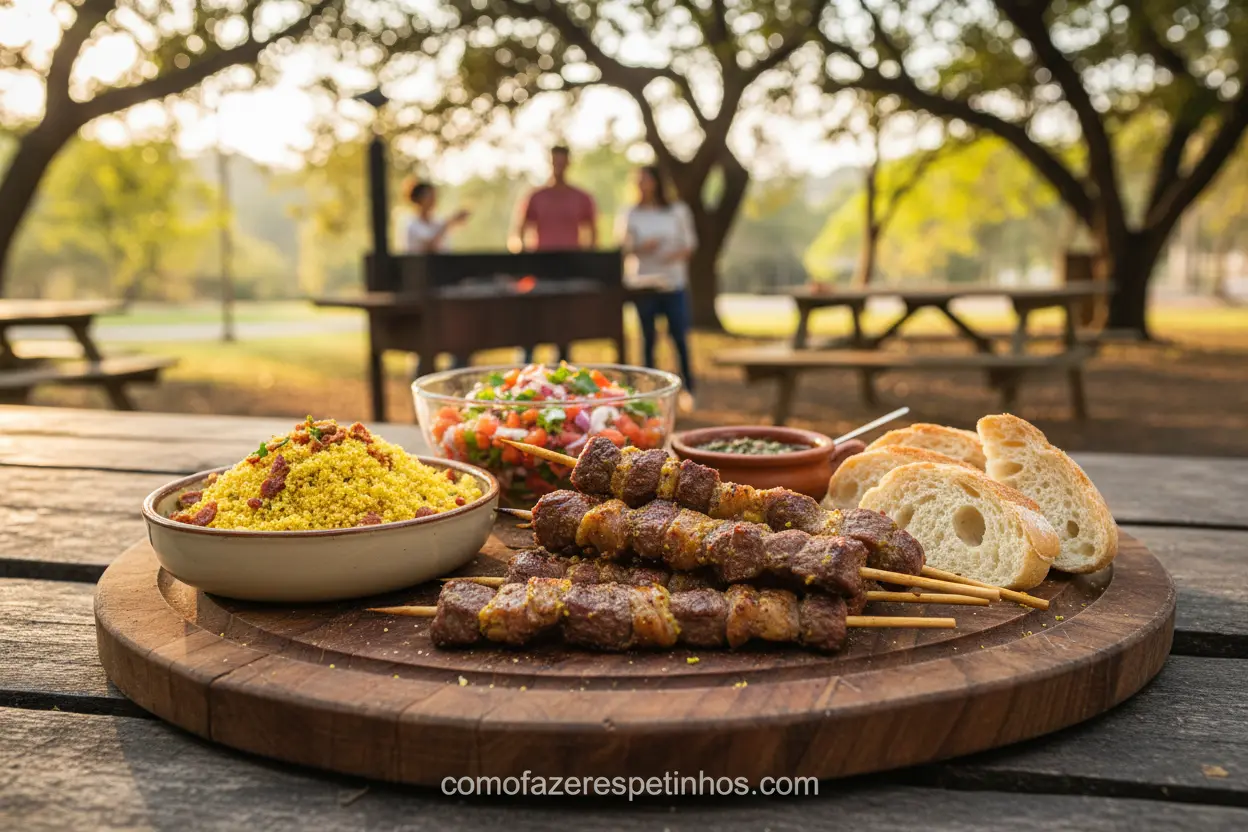 Espetinho de fraldinha e acompanhamentos