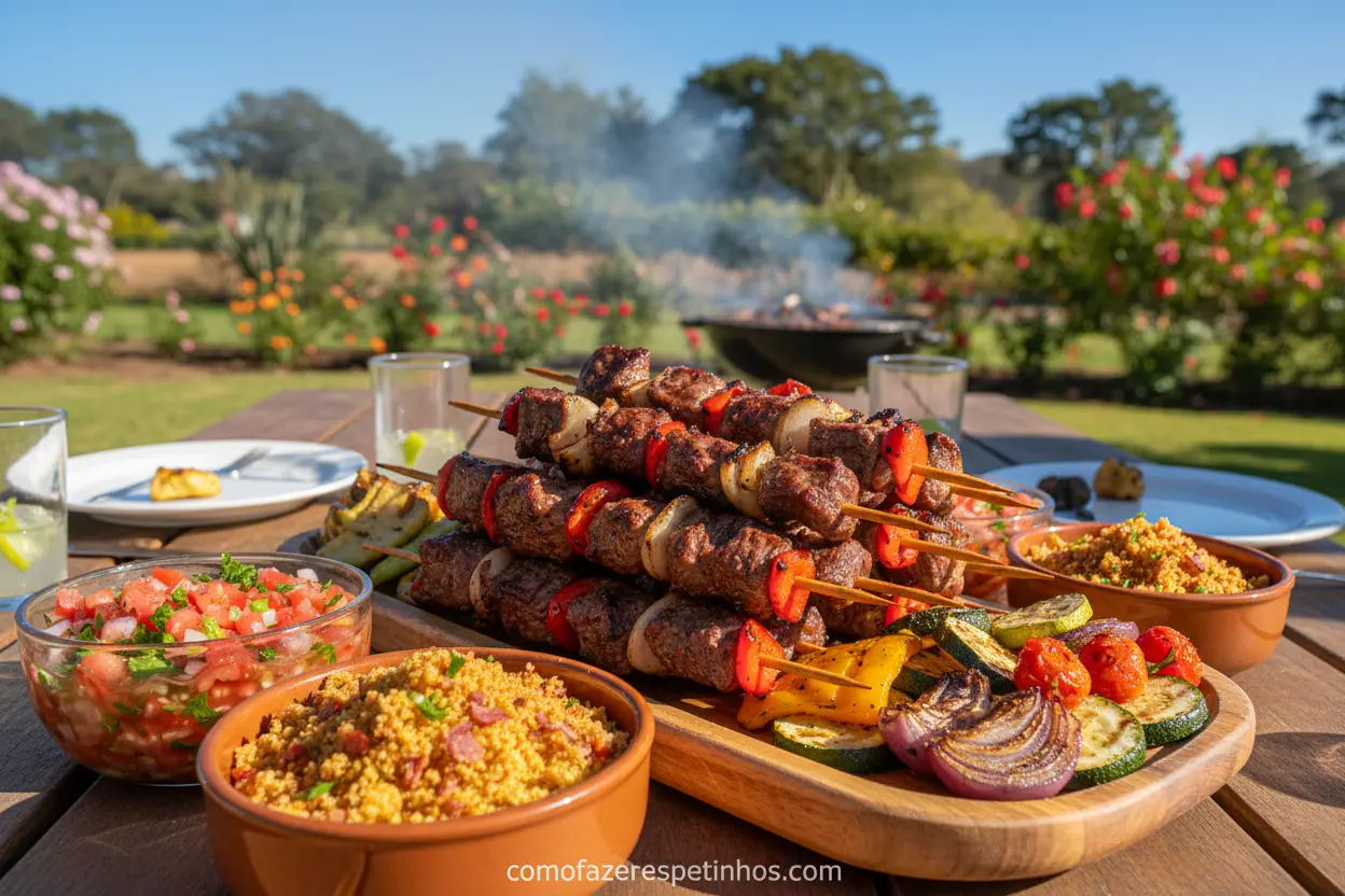 Miolo de alcatra macio no espeto com farofa e vinagrete
