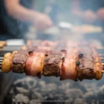 Espetinho de alcatra com bacon na churrasqueira