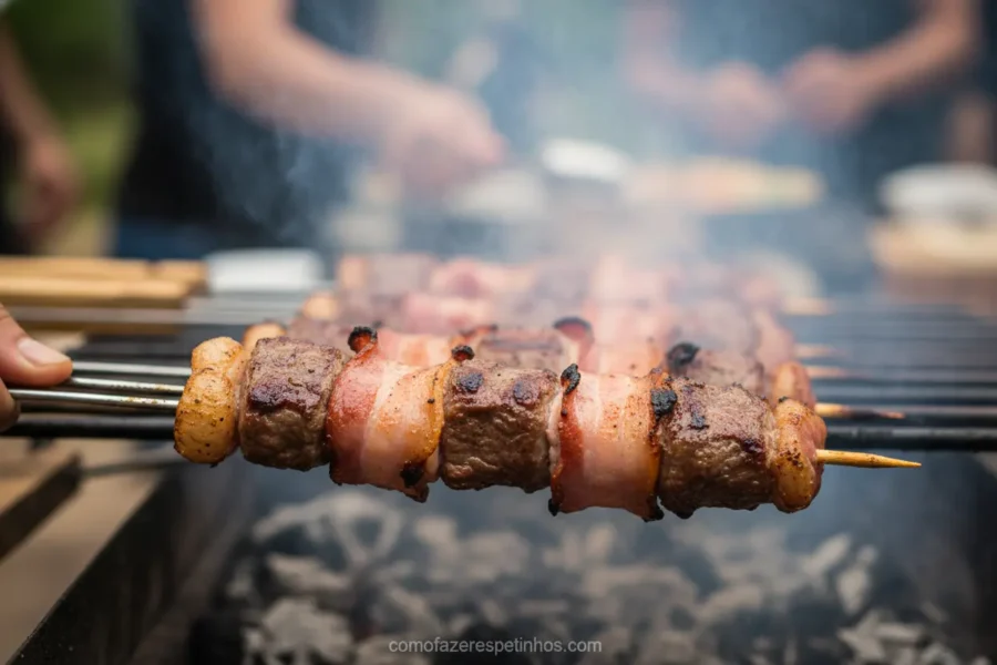 Espetinho de alcatra com bacon na churrasqueira