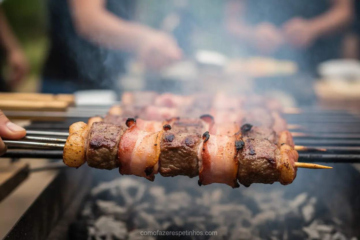 Espetinho de alcatra com bacon na churrasqueira