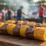 Espetinho de carne de sol com mandioca grelhado