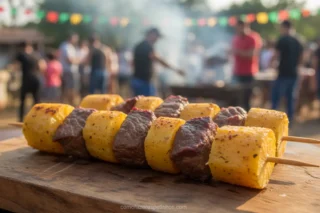 Espetinho de carne de sol com mandioca grelhado