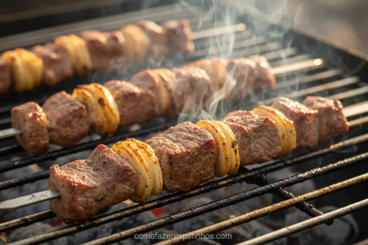 Espetinho de contra filé acebolado na grelha