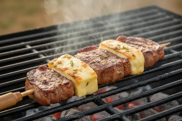 Espetinho de maminha com provolone grelhado