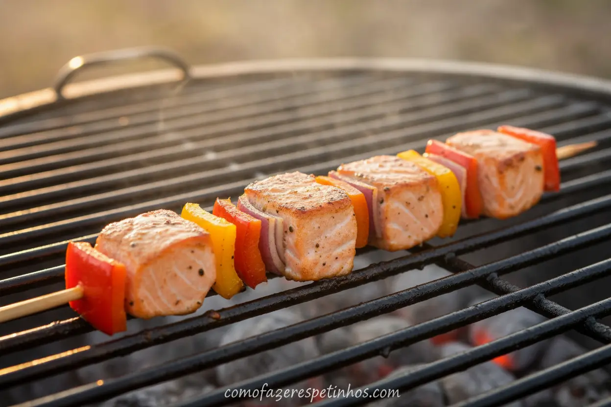 Espetinho de salmão grelhado com vegetais frescos na grelha.