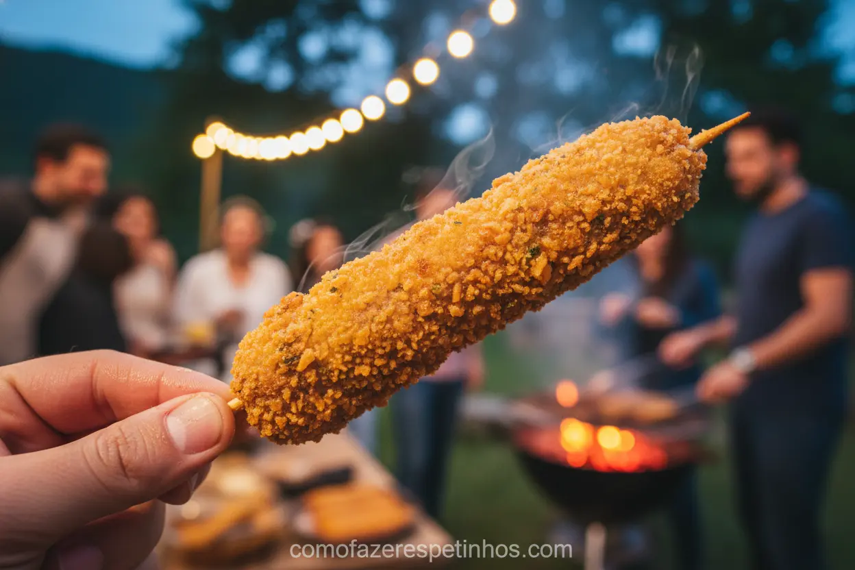 Espetinho de carne empanado e frito dourado