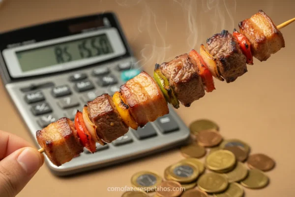 Espetinho na mão com calculadora e moedas ao fundo