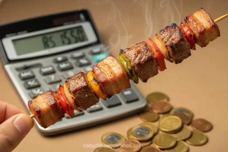 Quanto Cobrar por um Espetinho? O Guia Essencial para Lucrar Muito! 1 Espetinho na mão com calculadora e moedas ao fundo