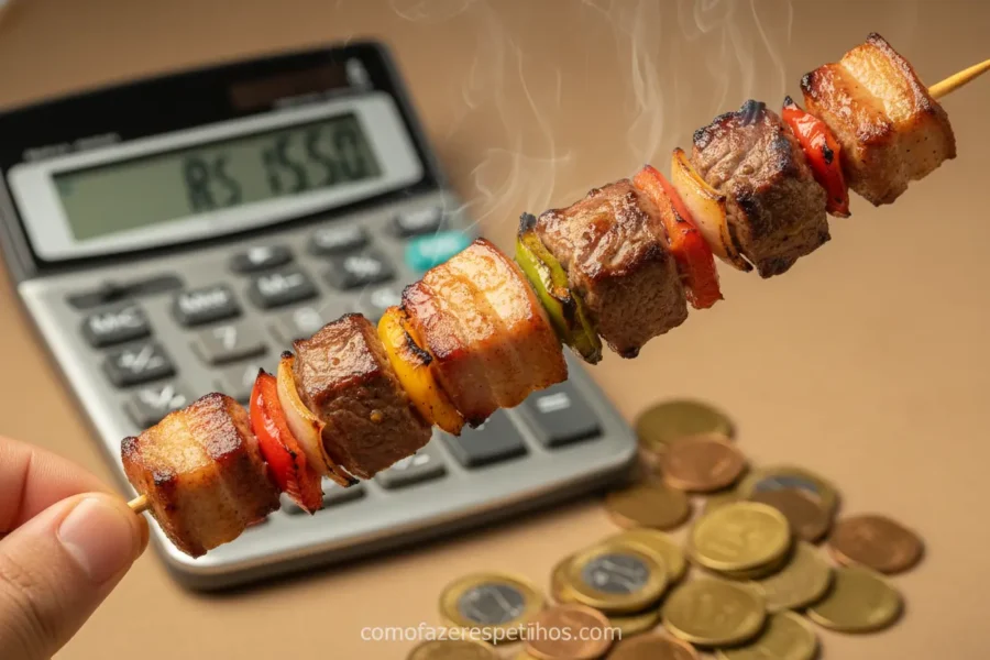 Espetinho na mão com calculadora e moedas ao fundo