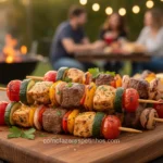 Espetinhos caseiros variados em tábua de madeira