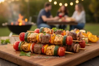 Receitas de Espetinhos Caseiros Incríveis! Sabores que Você Precisa Provar 12 Espetinhos caseiros variados em tábua de madeira